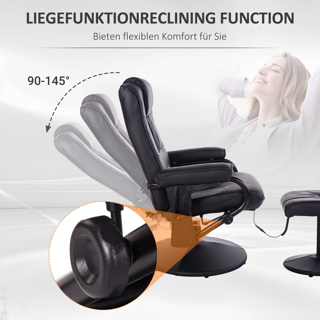 Massagestol med fodskammel, drejelig lænestol med massagefunktion, elektrisk TV-lænestol med lænefunktion, fjernbetjening til stuen, kunstlæder, sort