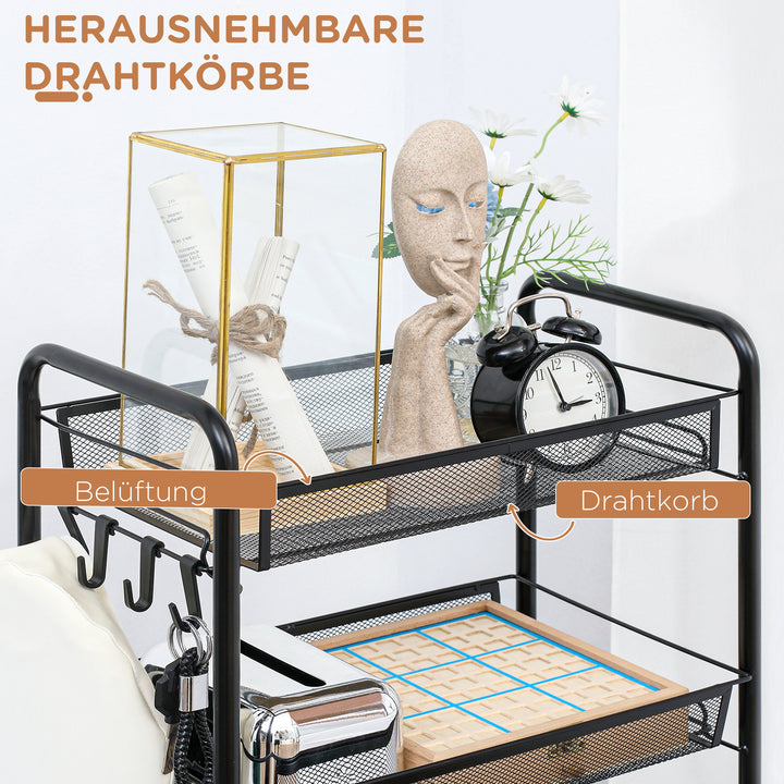 Køkkenvogn med 5 trådkurve, 4 kroge, 4 hjul, 2 håndtag, stål/plast, 45 x 26,5 x 106 cm, hvid