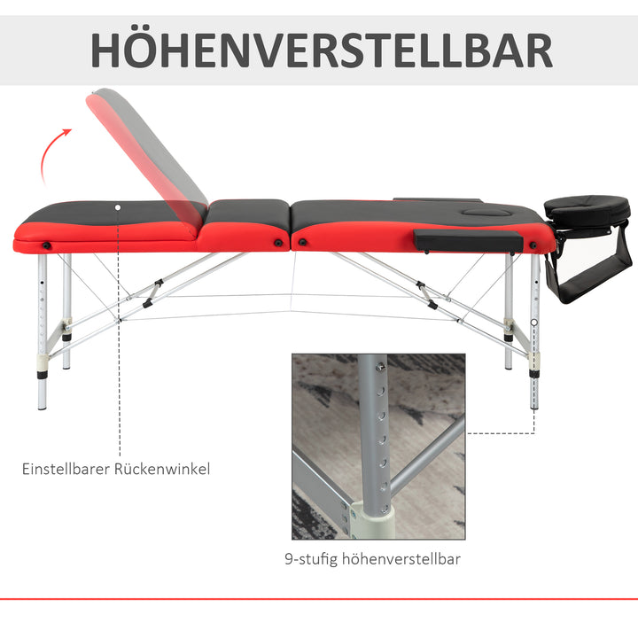 Massagebord, højdejusterbar, aluminium og skumplast sort+rød, 215 x 81 x 61-84 cm