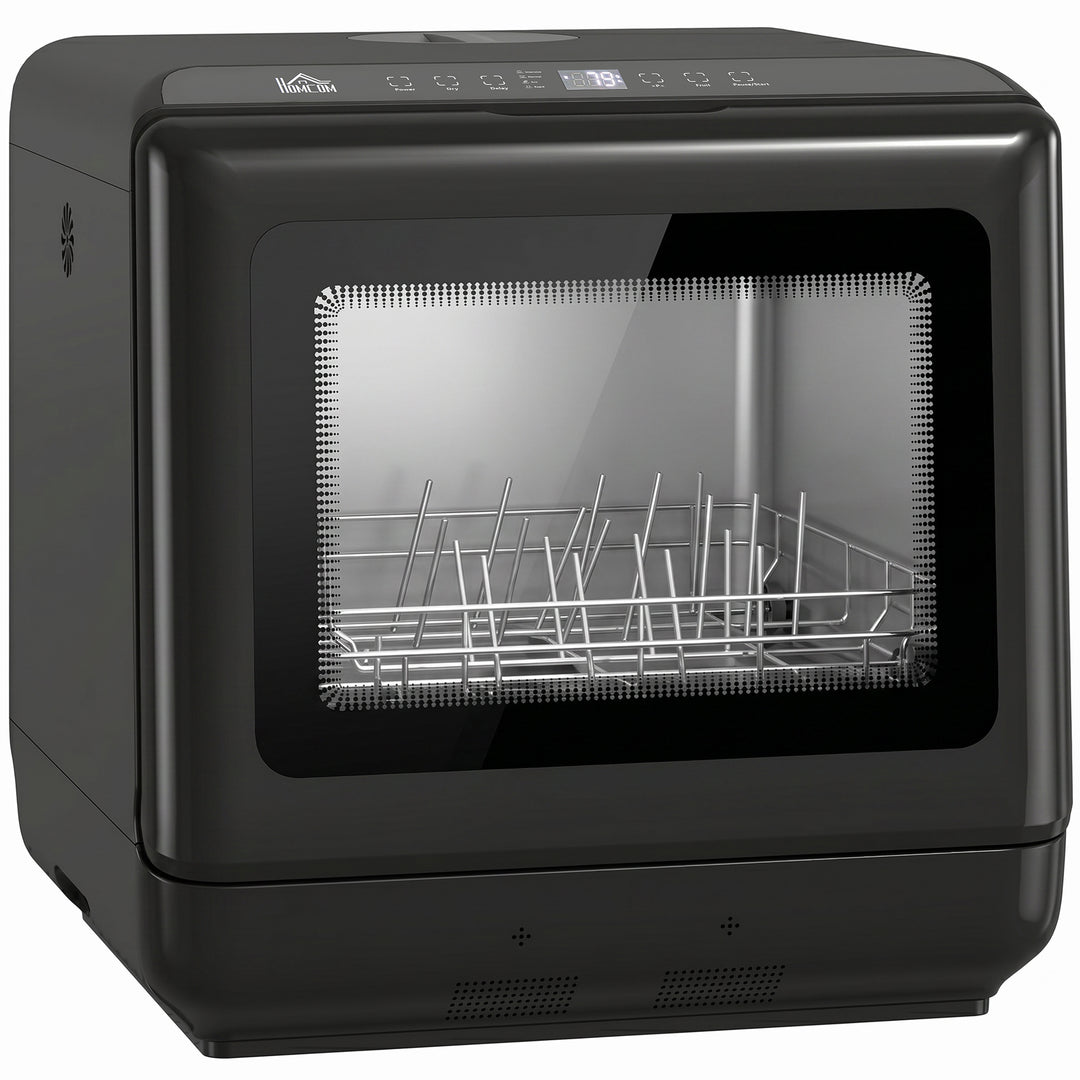 Bordopvaskemaskine med integreret 6-liters vandtank, 5 programmer, 4 kuverter, LED-display, sort
