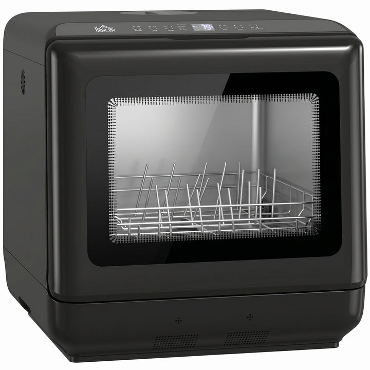 Bordopvaskemaskine med integreret 6-liters vandtank, 5 programmer, 4 kuverter, LED-display, sort