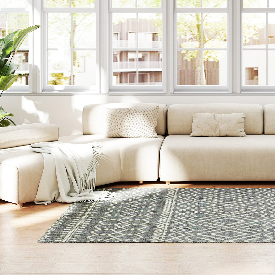 Indendørs/udendørs tæppe, boho design, nem rengøring, grå