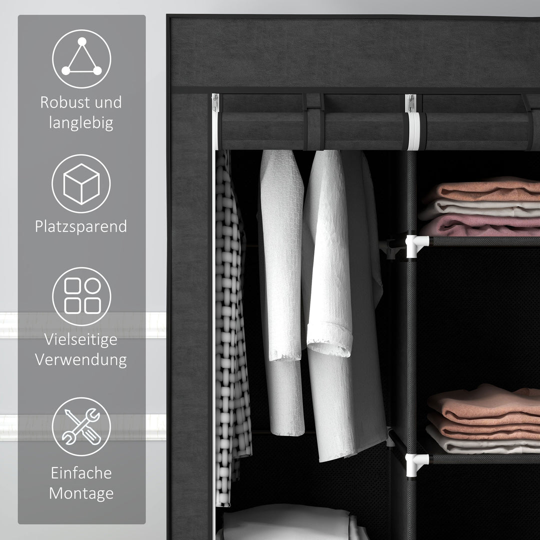 Stofgarderobe, opbevaringsløsning, 8 hylder, 2 garderobestativer, sort