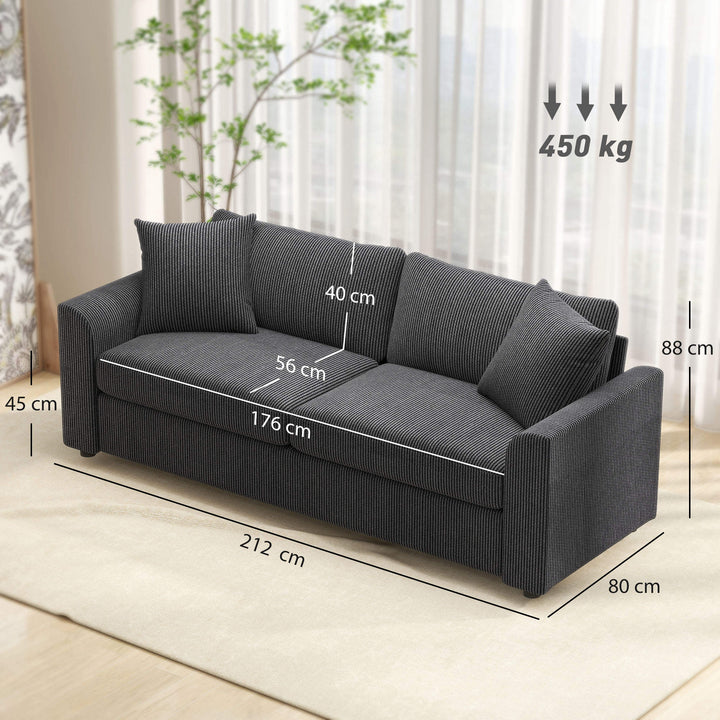 3-personers sofa med dekorative hynder, corduroy sofa til stue, soveværelse, 212 cm bred, mørkegrå