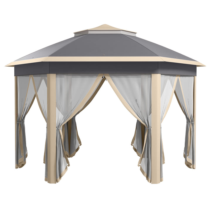 Havepavillon, foldbar pavillon, 4 x 4 m pop-up telt, partytelt inklusive bæretaske, 6 sidepaneler, dobbelt tag, sekskantet, khaki