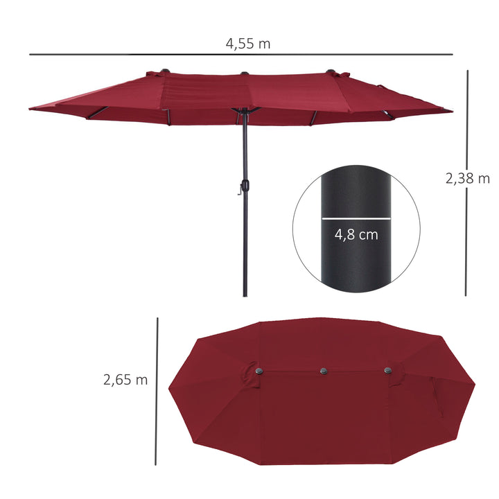 Dobbeltparasol 455 x 270 cm haveparasol med håndsving oval stabil metalstang markedsparasol dobbeltparasol terrasseparasol solbeskyttelse til strand balkon terrasse have vinrød