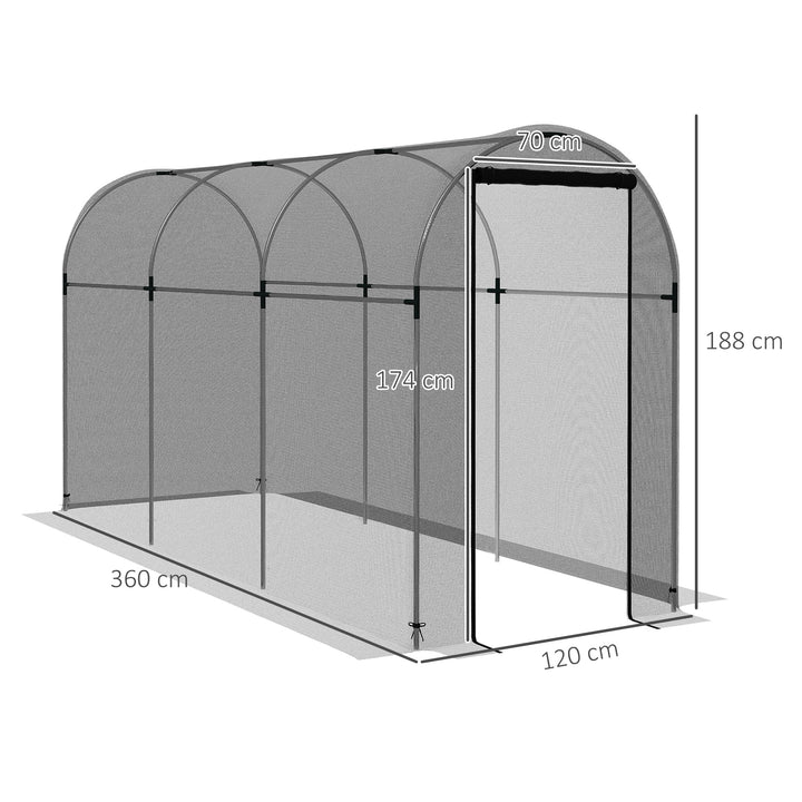 Fuglenet, plantebeskyttelse, robust, dør med lynlås, 120x360x188 cm, sort/sølv