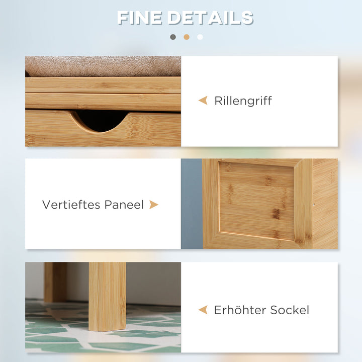 Badeværelsesskab, 3 hylder, 2 skuffer, bambus, 30 cm x 30 cm x 140 cm, naturfarvet