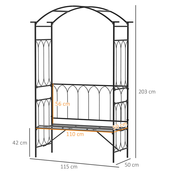 Rosenbue med bænk, rosenbænk, lysthusbænk, filosofbænk, espalier, klatrehjælp, havebænk, metal, sort, 115 x 50 x 203 cm