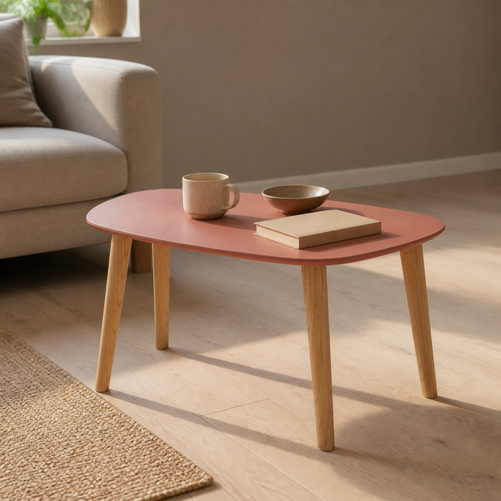 Endocarp sofabord i antik-pink MDF og naturligt asketræ i et beboet dansk stue