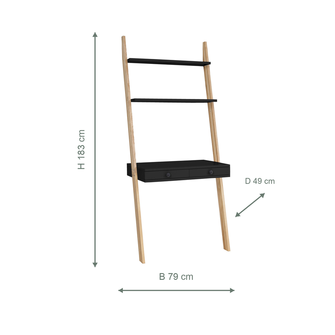 LENO stigeskrivebord i asketræ og sort med mål angivet i centimeter