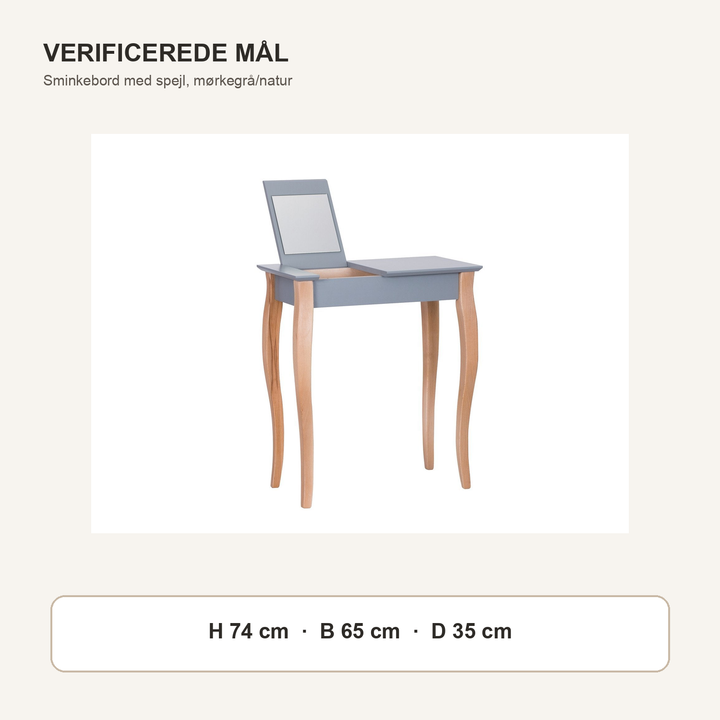 LILLO-sminkebord med mørkegrå borddel og naturfarvede ben med verificerede mål i centimeter