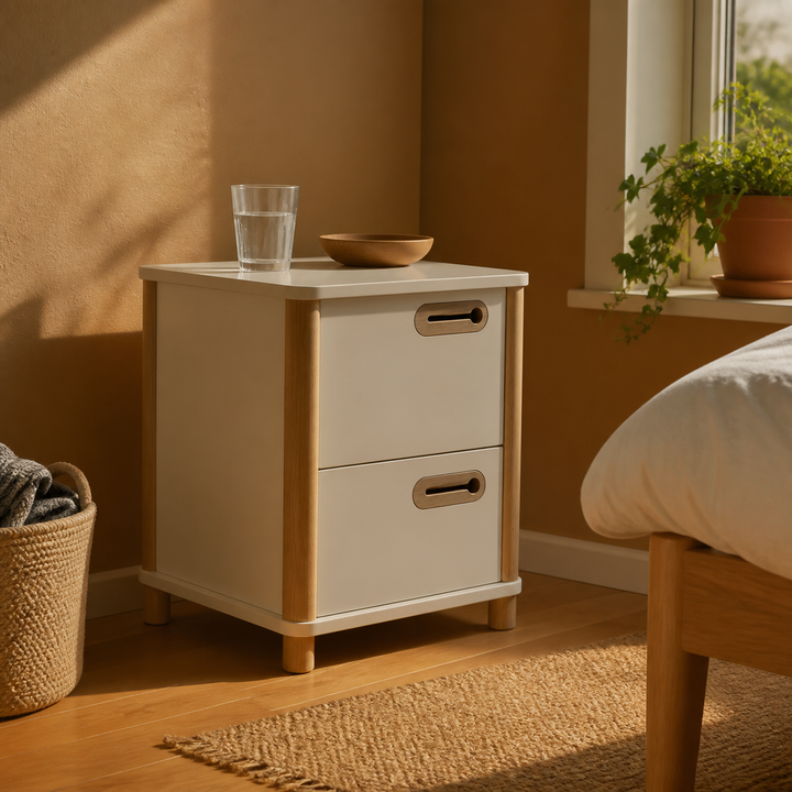 Brunbeige opbevaringsskab i asketræ set fra siden