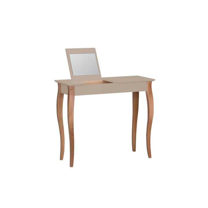 LILLO-sminkebord med brunbeige borddel og naturfarvede ben på hvid baggrund