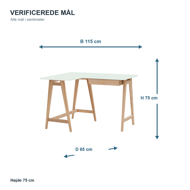 Måldiagram for LUKA hjørneskrivebord 115 x 85 cm