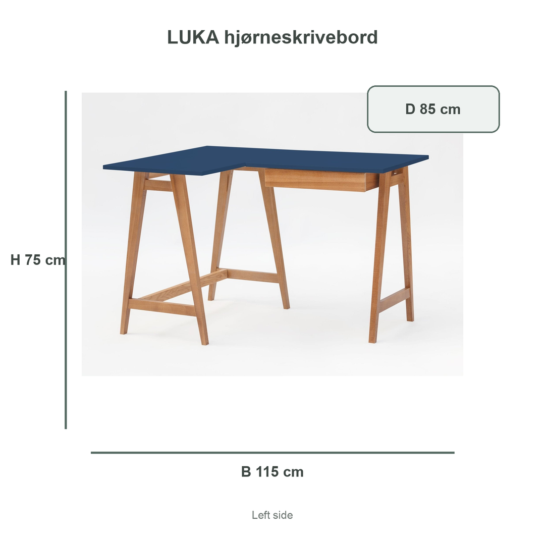 marineblå LUKA-hjørneskrivebord med verificerede mål