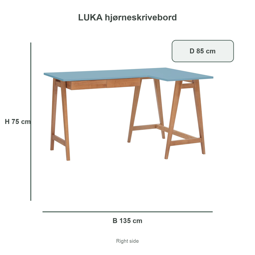 Gentle Blue-blå LUKA-hjørneskrivebord med verificerede mål