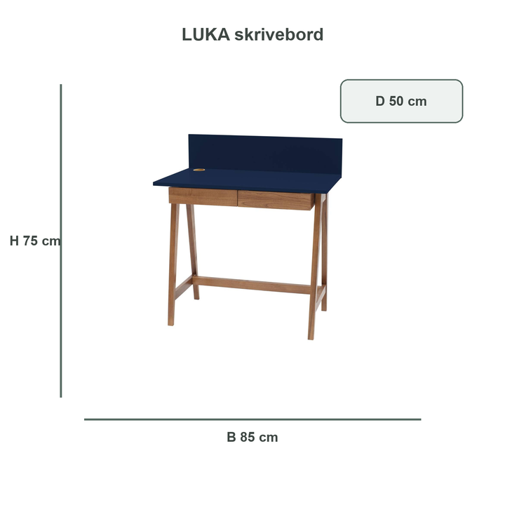 marineblå LUKA-skrivebord med verificerede mål