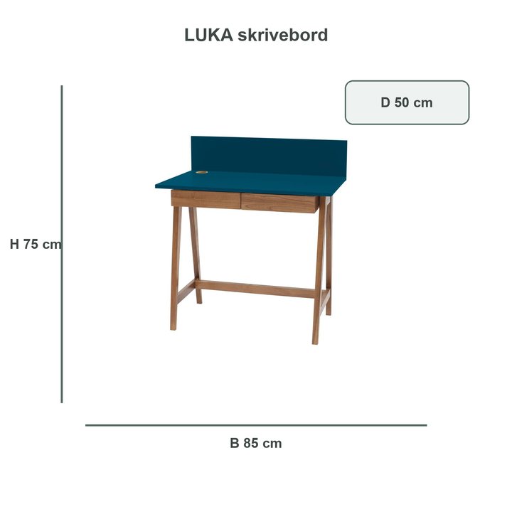 petrolblå LUKA-skrivebord med verificerede mål