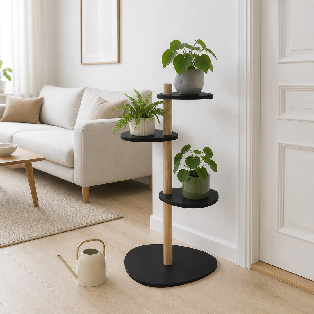 MAGLA 3-lags Asketræ Plant Stand B55 x H91cm Sort – varm moody dagslysscene