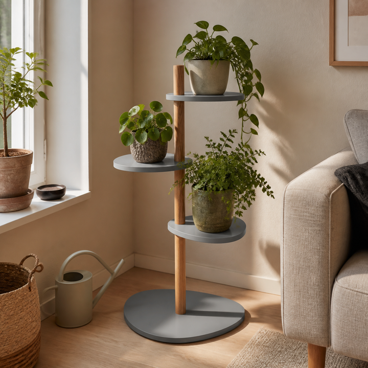 MAGLA 3-lags Asketræ Plantestand B55 x H91cm Betongrå – hero