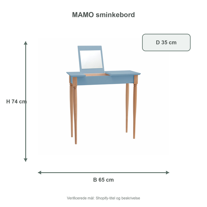 Måldiagram for MAMO Sminkebord med spejl, 65x35cm, Gentle Blue