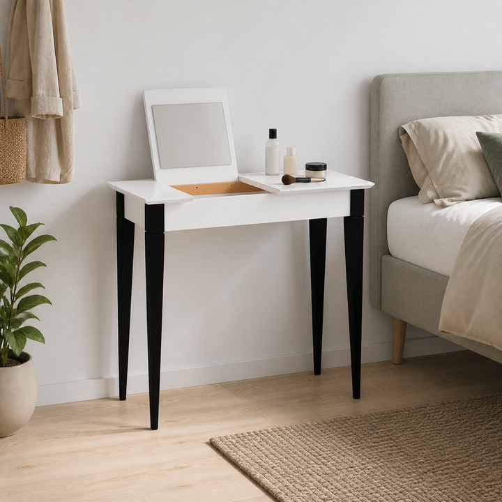 MIMO Sminkebord med spejl 105x35cm sorte ben / hvid – supplerende neutral dagslysscene