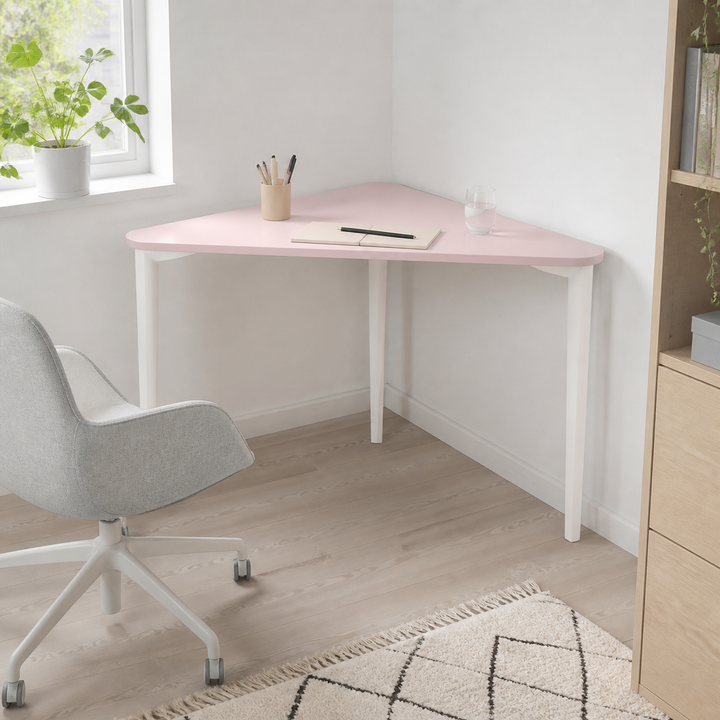 NAJA Hjørneskrivebord B114 x L85 x H75cm Hvide Ben Pink – supplerende neutral dagslysscene