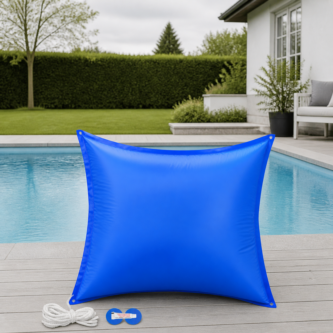 Poolpude op til -20°C vinter XL luftpude XXL inkl. reb PVC dobbeltsøm sikkerhedsventiløjer poolovertræk vinteropbevaring, størrelse: 120x120cm poolpude – hele produktet lukket i hjemmet