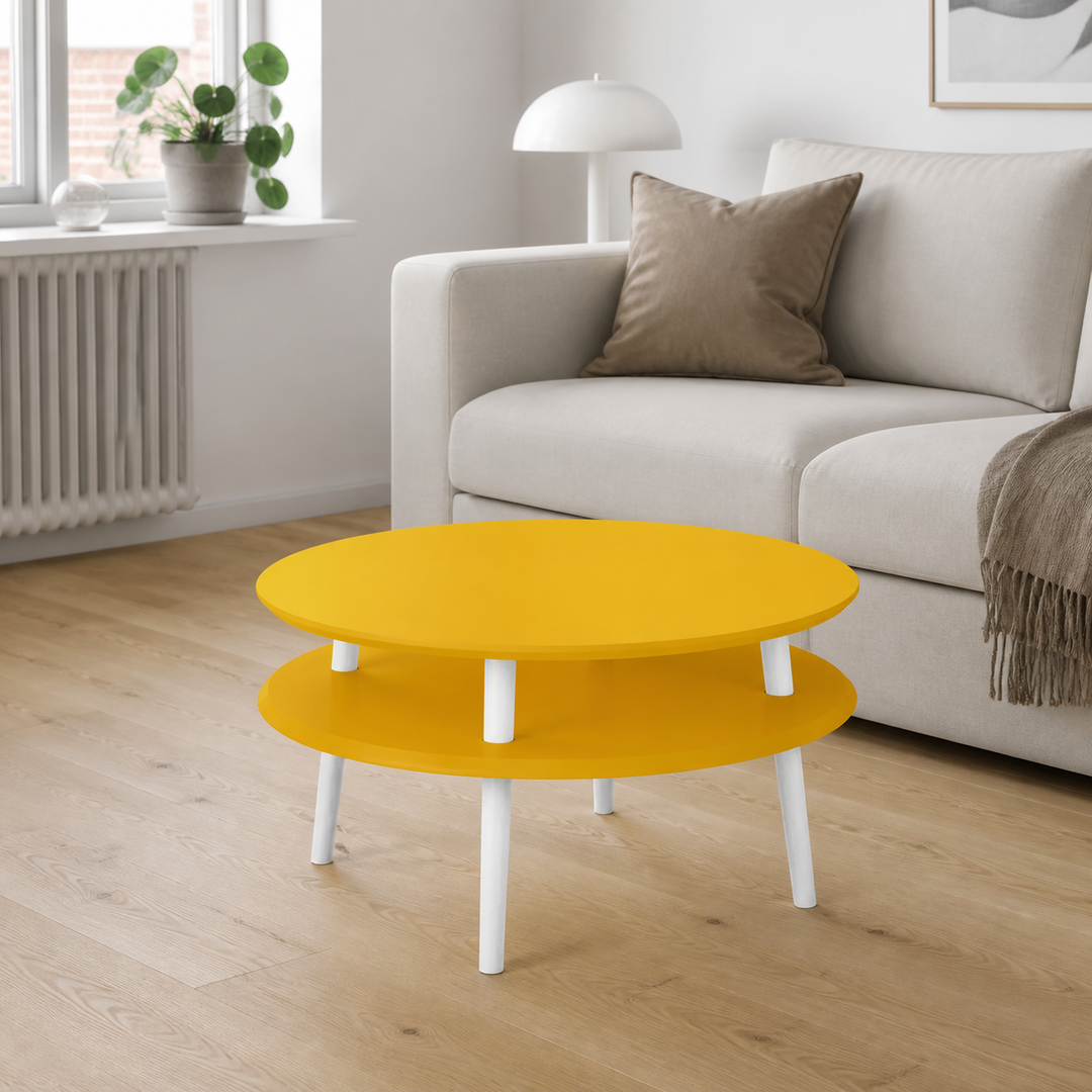 UFO Sofabord Diam 70cm x Højde 35cm Gul Hvid Ben – hero i naturlig brug