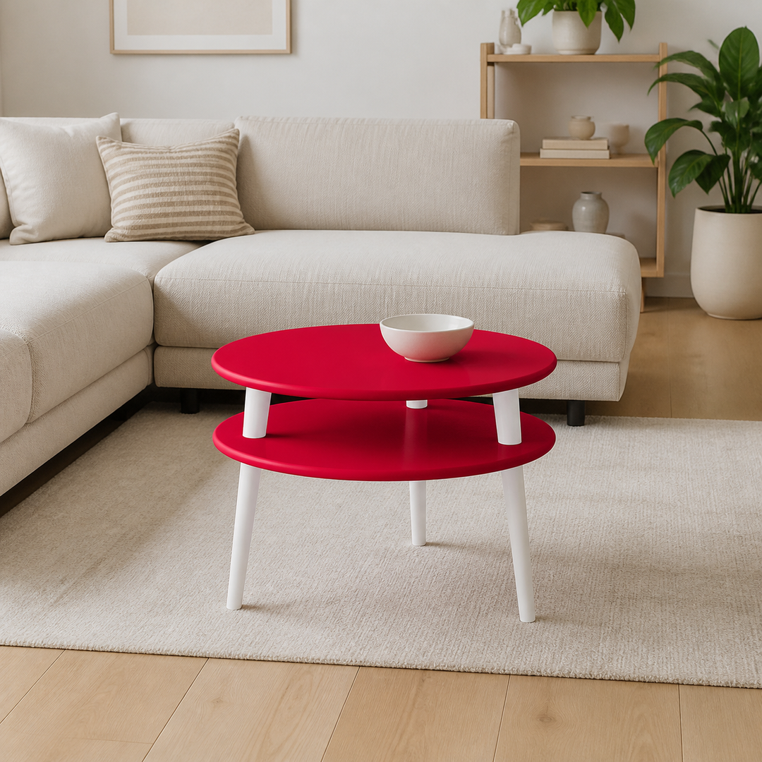 UFO Sofabord diameter 57cm x H 45cm - Røde/Hvide Ben – hero i naturlig brug