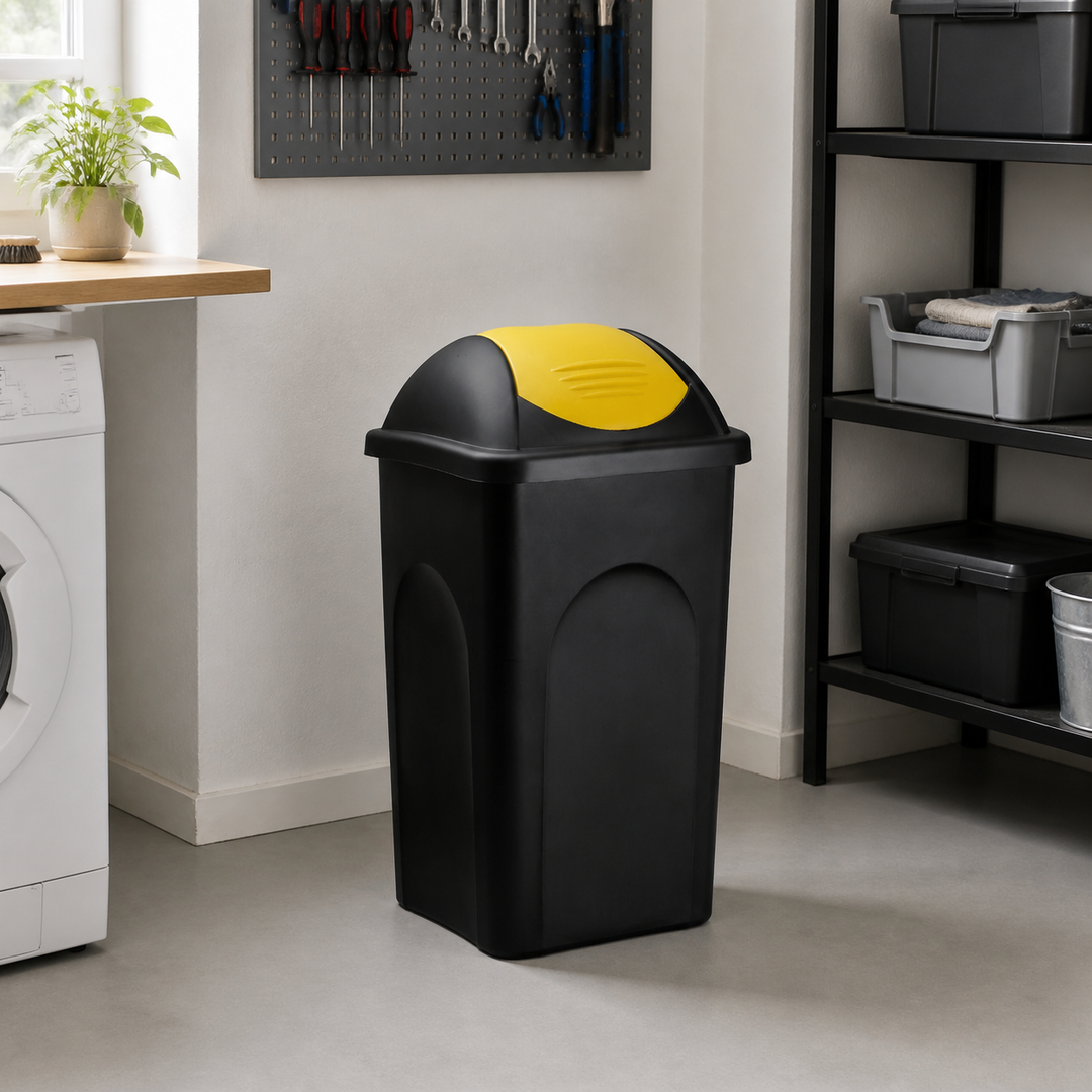Affaldsspand sort/gul plast 60L – anden naturlig anvendelse eller vinkel