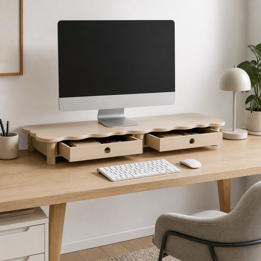 FLOWER 109cm monitorskærmstativ med skuffer Brown Beige – vigtigste funktion