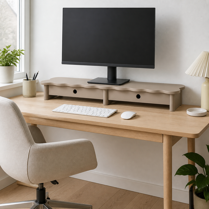 FLOWER 109cm monitorskærmstativ med skuffer Brown Beige – hele produktet lukket i hjemmet