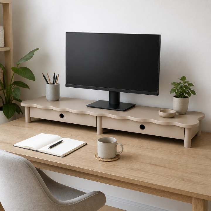 FLOWER 109cm monitorskærmstativ med skuffer Brown Beige – supplerende neutral dagslysscene