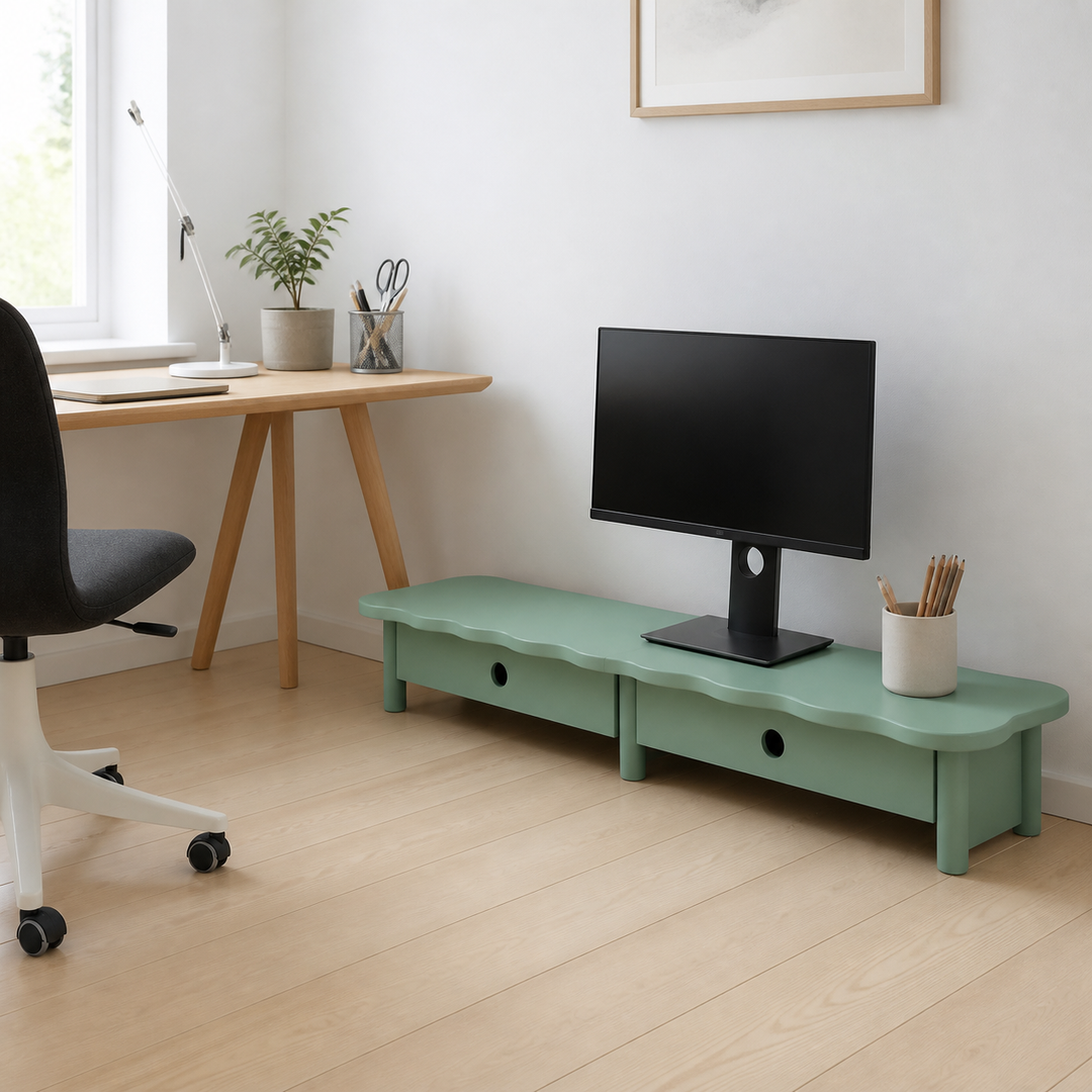 FLOWER 109cm monitorskærmstativ med skuffer Sage Green – anden naturlig anvendelse eller vinkel