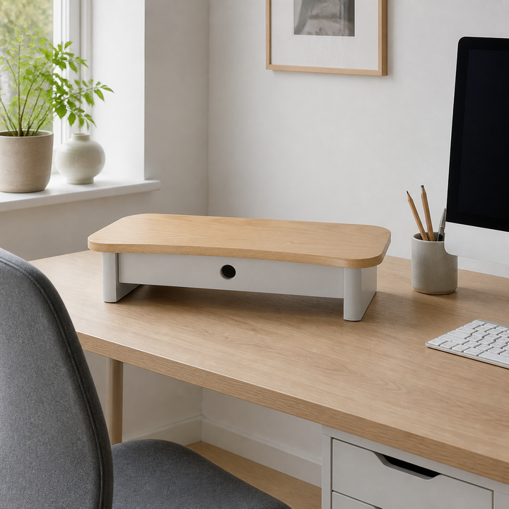 JUBI 60cm monitorskærmstativ med skuffe Ash Pearl Grey – anden naturlig anvendelse eller vinkel