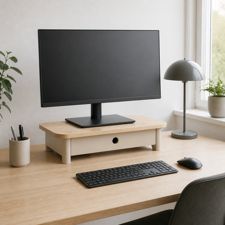 JUBI 60x24cm monitorskærmstativ med skuffe Ash Brown Beige – anden naturlig anvendelse eller vinkel