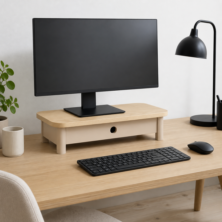 JUBI 60x24cm monitorskærmstativ med skuffe Ash Brown Beige – supplerende neutral dagslysscene