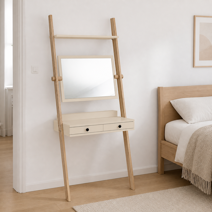 LENO sminkebord 79x183cm Asketræ Brown Beige – hele produktet lukket i hjemmet