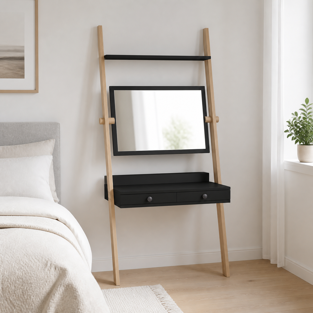 LENO sminkebord 79x183cm Asketræ Sort – hele produktet lukket i hjemmet