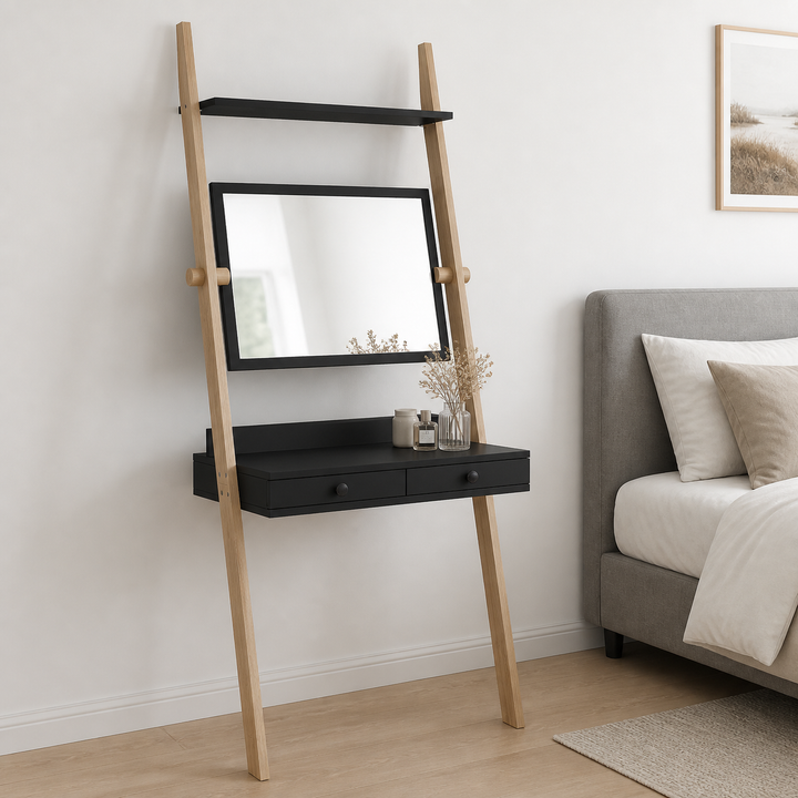 LENO sminkebord 79x183cm Asketræ Sort – anden naturlig anvendelse eller vinkel
