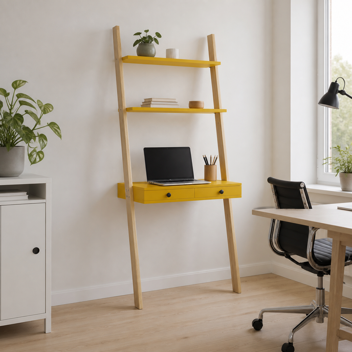 LENO Stigehylde Skrivebord 79x183cm Gul – hero i naturlig brug