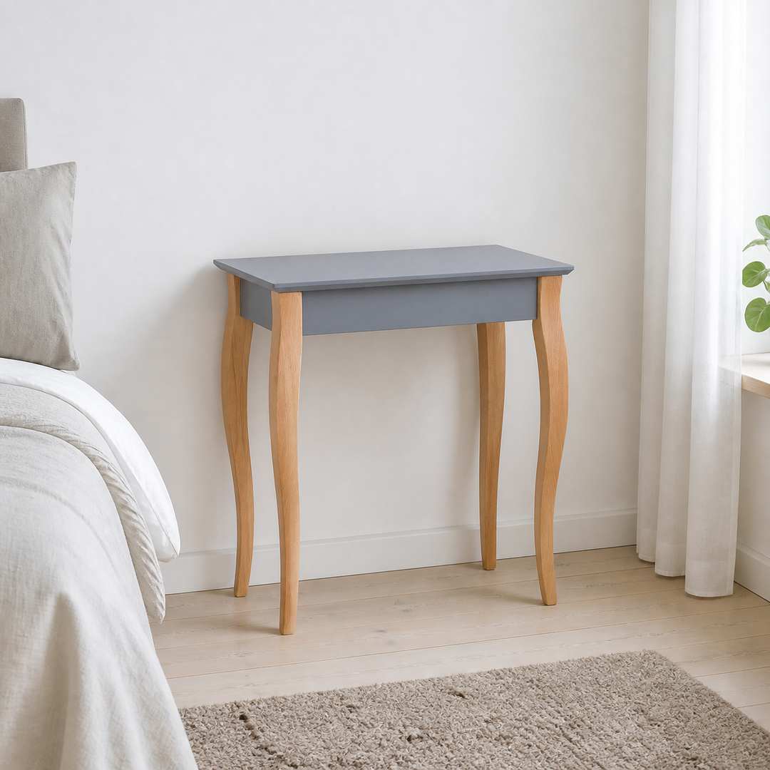 LILLO Sminkebord med spejl - 65x35cm Hvide Ben / Mørkegrå – hele produktet lukket i hjemmet