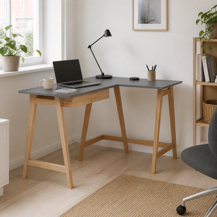 LUKA Asketræ Hjørneskrivebord B 115cm x D 85cm / Mørkegrå Højre Side – anden naturlig anvendelse eller vinkel