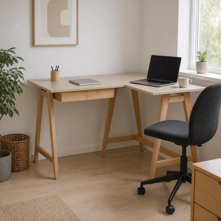 LUKA Asketræ Hjørneskrivebord B115cm x D85cm Brun Beige Højre Side – vigtigste funktion