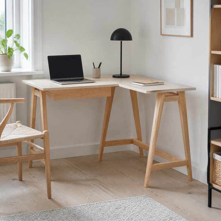 LUKA Asketræ Hjørneskrivebord B115cm x D85cm Brun Beige Højre Side – supplerende neutral dagslysscene