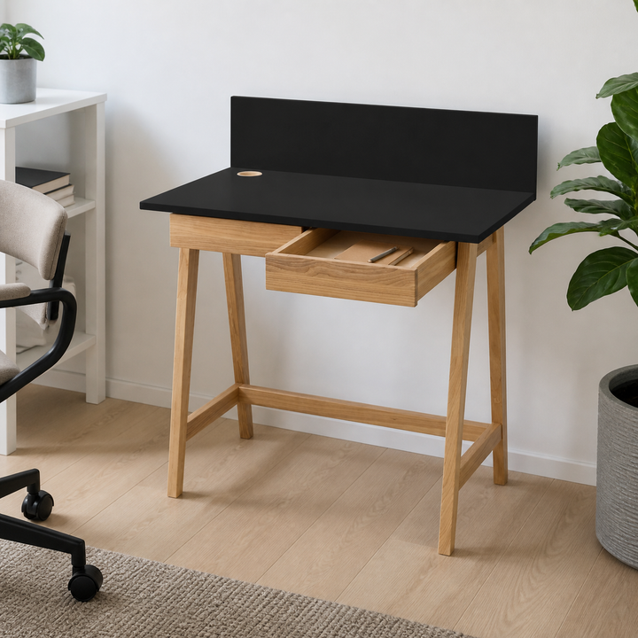 LUKA Asketræ Skrivebord 85x50cm med Skuffe Sort – vigtigste funktion