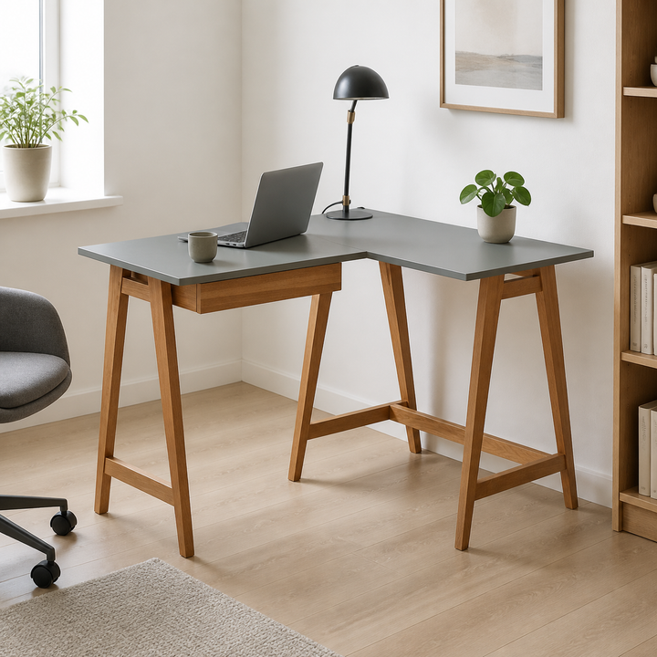 LUKA Hjørneskrivebord B 115cm x D 85cm / Mørkegrå Eg Højre Side – hero i naturlig brug