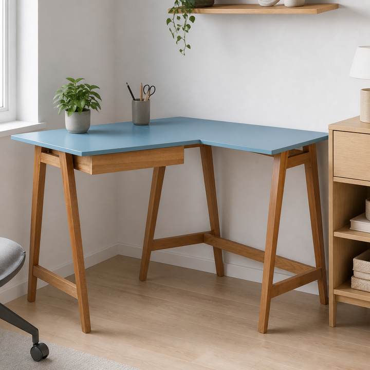 LUKA Hjørneskrivebord B115cm x D85cm Blå Eg Højre Side – materiale- eller konstruktionsdetalje